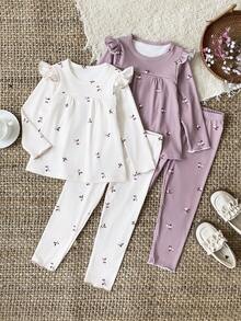 SHEIN 4pcs Baby Girls Autumn Fashion Elegant Sweet Cute Cap Sleeve Long Sleeve Top And Pants Set - Multicolor - View 9