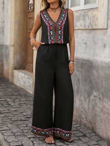 Brillora Bộ đồ liền thân thường ngày cổ chữ V in hoa dành cho nữ, thích hợp cho kỳ nghỉ - màu đen - Xem 3