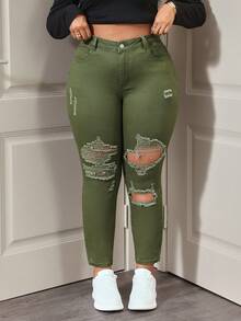 SHEIN ICON 大码纯色做旧毛边口袋修身牛仔裤 - 軍綠色 - 查看 1
