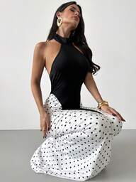 Firerie Vestido largo de estilo sirena con estampado de lunares en contraste blanco y negro, elegante, refinado, romántico y digno para citas, fiestas, banquetes, Año Nuevo y San Valentín