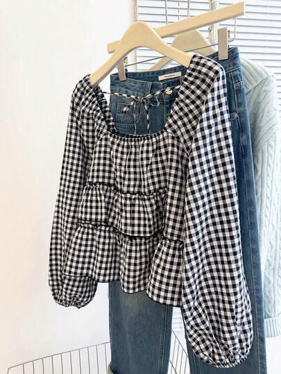 INAWLY 女士秋季新款可爱荷叶边下摆衬衫