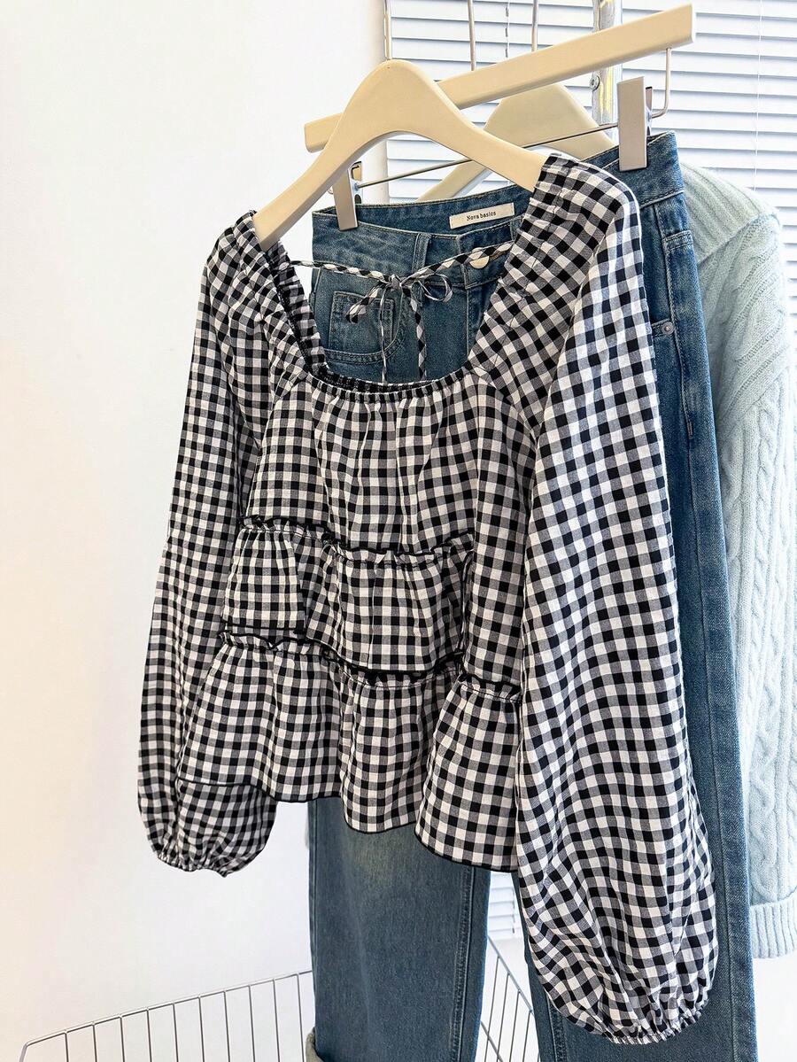 INAWLY 女士秋季新款可爱荷叶边下摆衬衫 - 黑與白 - 查看 1