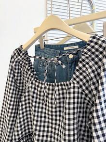 INAWLY 女士秋季新款可爱荷叶边下摆衬衫 - 黑與白 - 查看 6