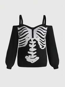 ROMWE Plus Size Gothic Y2K Skeleton Jacquard Black Sweater, Casual Loose Fit Pullover Sweater For Women, Autumn/Winter - Black - View 1