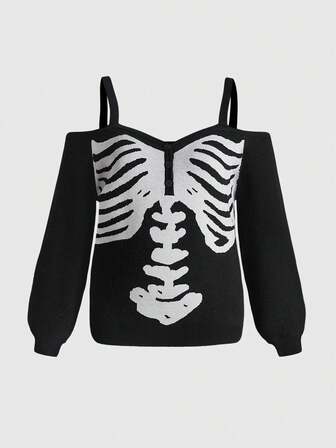 Goth Maglione nero oversize in stile gotico Y2K con motivo jacquard a scheletro, maglione casual con vestibilità morbida per donna, adatto per autunno/inverno