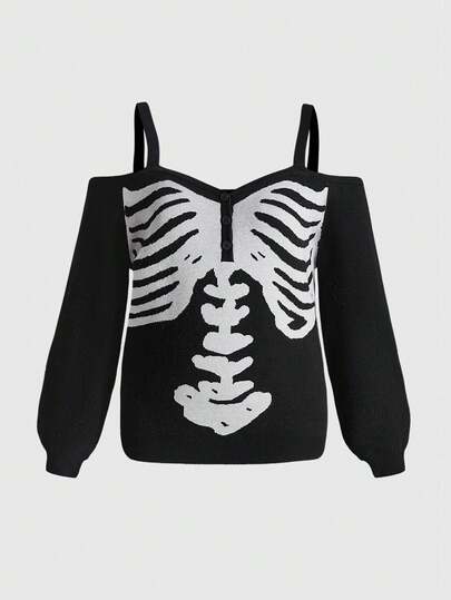 Goth Suéter negro de jacquard con esqueleto, estilo gótico Y2K de talla grande, suéter holgado informal para mujer, otoño/invierno