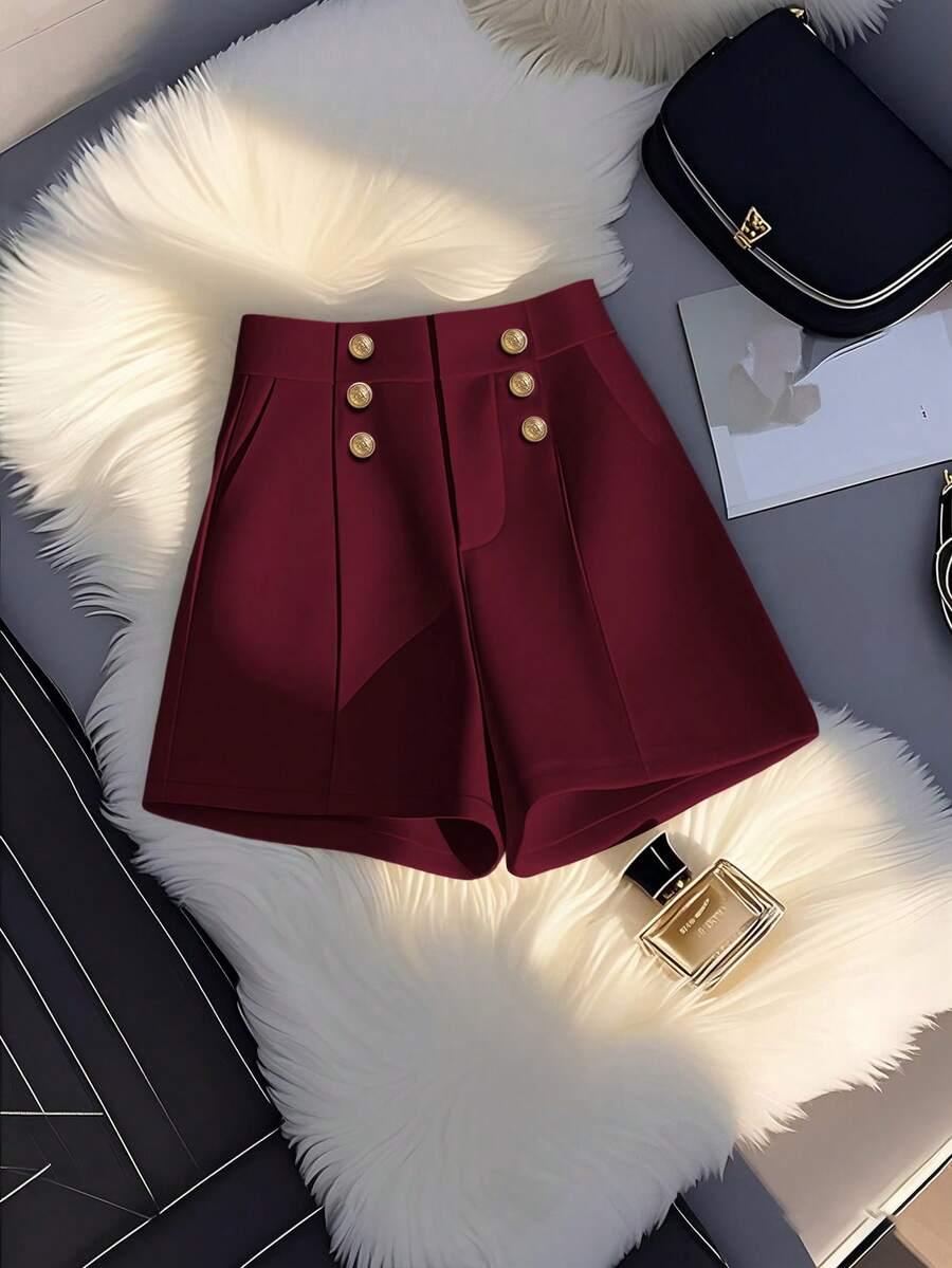 SHEIN Clasi Women's Fashionable & Elegant Minimalist Decorative Button A-Line Practical Pocket Versatile Solid Color Shorts, Spring/Summer - Burgundy - View 1