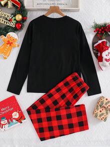 SHEIN Tween Boy Christmas Santa Claus&Plaid Pattern Pajama Set,Cute Holiday Black Autumn Long Sleeve Crew Neck Comfortable Snug Fit Minimalist Sleepwear - Red - View 2