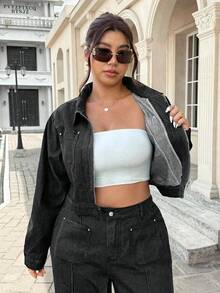 SHEIN ICON جاكيت كاجوال مغسول للنساء ذوات الحجم الكبير - الأسود - مشاهدة 8