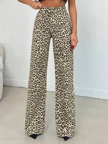 SHEIN Tall 100%纯棉中腰阔腿豹纹高个牛仔裤 - 彩色 - 查看 5