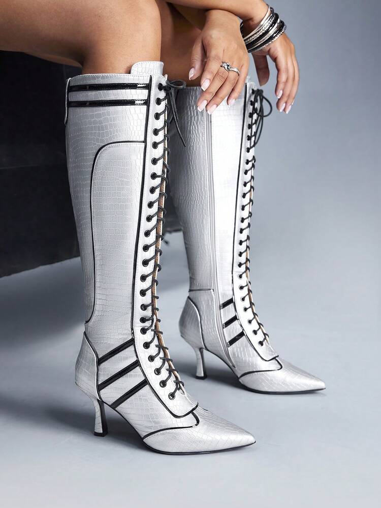 CUCCOO GRLICON 여성용 뾰족한 토 레이스업 블랙 & 화이트 컬러 블록 니하이 부츠, 크리스마스, 새해 전야 파티, 데이트, 봄 캐주얼, 할로윈, 레이싱 스타일 패션, 크리스마스, 추수감사절, 새해 파티에 적합
