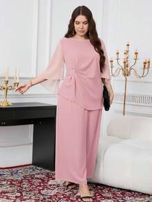 SHEIN Clasi Plus Size Solid Color Business Casual Top And Pants 2 Pieces Set Plus Size Co Ords Modest Two Piece Set - Pink - View 7