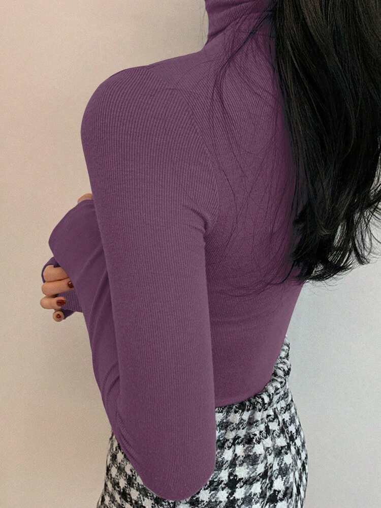 Women's Casual Solid Color Turtleneck Tight Fit Base Layer T-Shirt, Autumn/Winter