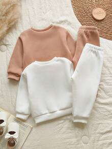 SHEIN Vintaside Kids 女婴春秋季圆领长袖多件套服装，时尚休闲简约百搭印花连帽衫搭配休闲百搭长裤，适合日常户外休闲穿着 - 彩色 - 查看 2