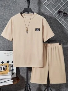 SHEIN Vacaura 2pcs/Set Teens Textured Waffle Fabric Short Sleeve Top And Shorts Set - Camel - View 6