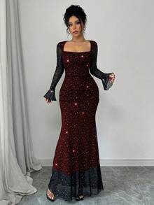 Rafferiza Elegantes Partykleid mit asymmetrischem Ausschnitt, plissierter Vorder- und Seitenpartie, Meerjungfrauensaum, Trompetenärmel für Frauen in Schwarz, Herbst/Winter, Jacquard-Strick-Mesh-Gewebe mit Silberfolie Maxikleid - Bordeaux - Übersicht 4