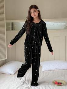 DAZY Tween Girls Star Print Velvet Pajama Set, Autumn/Winter - Black - View 4