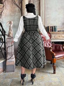 Lyrianda 大码女式翻领半开襟衬衫领二合一红色格子撞色纽扣优雅复古休闲中长A字连衣裙