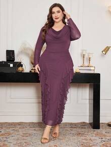 Modelyn Plus Size Dark Purple,Autumn,Elegant,Formal Dress,Mesh Scoop Neck Ruffle Hem Bodycon Plum Rouche Long Sleeve Curve Dress For Women - Hot Pink - View 6