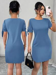 Elenzga Women's Solid Color Knot Seashell Hem Elegant Pearl Embellished Summer Dress - Blue - View 3
