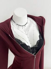 Elamini Women's Hooded Zip-Up Embroidered Fitted Long Sleeve Jacket - Burgundy - View 1