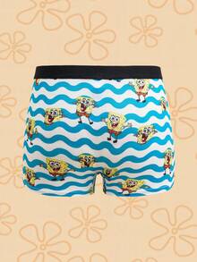 SpongeBob SquarePants | SHEIN Tween Boy Striped & Cartoon Pattern Contrast Trim Fashion Boxer Shorts