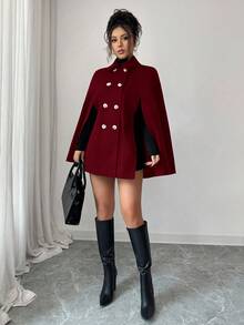 SHEIN PETITE 女士休闲英伦风时尚双排扣羊毛斗篷大衣 酒红色 女士外套 女士冬季外套 女士酒红色斗篷 - 紅色 - 查看 5