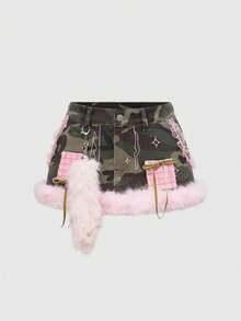 ROMWE J-Fashion Y2K Spicy Camouflage Patchwork Fuzzy Low-Waist Women Denim Mini Skirt - Army Green - View 1
