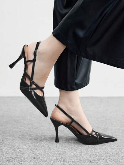 CUCCOO BIZCHIC 3.0in High Heel Pointed Toe Shiny Leather Sandals, Fashionable Criss-Cross Double Buckle Strap Backless Slip-On Pumps, Comfortable For Commuting, Party, Wedding