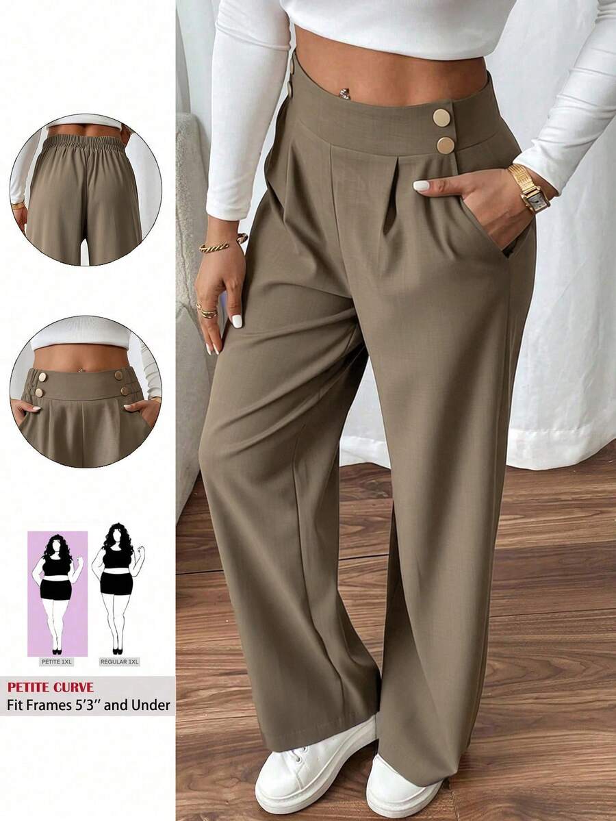 SHEIN PETITE CURVE Quần ống đứng hai khóa thanh lịch cỡ lớn dành cho nữ đi làm - Màu nâu Mocha - Xem 1