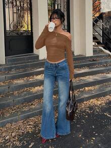 SHEIN Unity Camiseta corta ajustada con cuello asimétrico y fruncido, de unicolor, de moda de otoño - Café integral - Ver 5