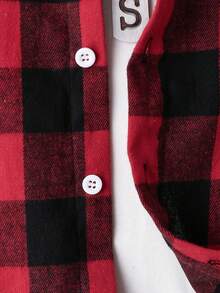 SHEIN Vacaura 男童格子拼接长袖单排扣休闲连帽衬衫