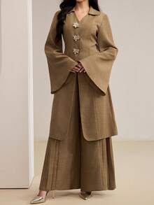 Veilorie Women's Metal Flower Single-Breasted Flare Sleeve Jacket And Wide-Leg Pants Elegant 2 Pieces Set - Brown - View 5