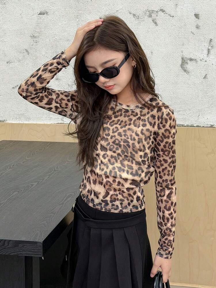 Casual Leopard Print Slim Fit Crew Neck Long Sleeve Tween Girls T-Shirts