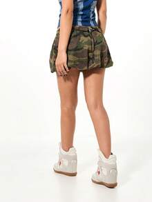 SUMWON WOMEN 军装迷彩牛仔迷你裙，系带设计，休闲街头风，秋季时尚 - 軍綠色 - 查看 2