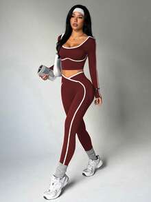 SHEIN Sports 无缝高弹瑜伽健身女式运动交叉腰带撞色套装 - 酒紅色 - 查看 4