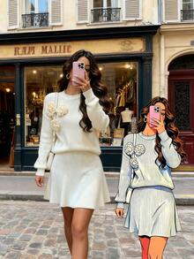 SHEIN Elenzya Women's Elegant Round Neck Handmade Floral Decor Top And Pleated A-Line Skirt 2 Pieces Knit Set, Autumn - Apricot - View 6