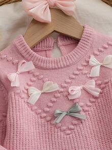 SHEIN Playful Pals 女婴休闲时尚可爱粉色褶皱毛衣连衣裙，带蝴蝶结，适合秋冬季节穿着。女婴针织套装，保暖连衣裙，粉色针织连衣裙，女婴连衣裙，幼儿粉色套装。 - 珊瑚粉 - 查看 8