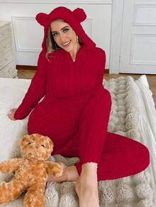 SHEIN Women's Animal Hooded Teddy Bear Embroidery Jacquard Plush Pajamas Romper, Fluffy Winter - Red - View 2