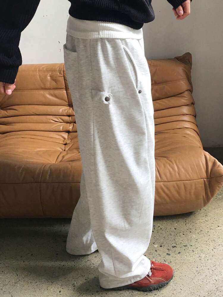 Men's Solid Color Fleece Sweatpants With Elastic Waistband, Autumn/Winter