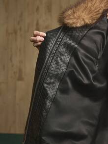 Revavyn Revavyn Women's Black PU Leather Jacket,Winter Chic Night Out Woven Pattern Detachable Fur Collar Jacket,Daily Commuting Fall Clothes,Halloween Costume - Black - View 9