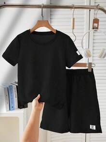 Vacaura 2 件套青少年男童休闲提花纹理黑色圆领短袖 T 恤和短裤套装，复古夏季服装 - 黑色 - 查看 6