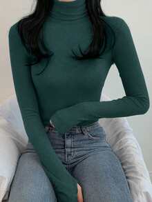 DAZY 女士高领纯色休闲百搭长袖修身打底T恤 - 綠色 - 查看 4