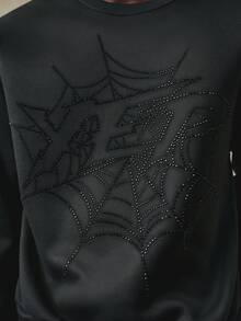 STYNVO Men's Casual Rhinestone Spider Web Pattern Round Neck Drop Shoulder Sweatshirt, Autumn Mens Y2k Clothing Sweater Men - Black - View 2