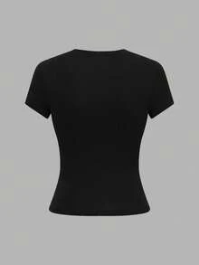 Lyxana 3pcs/Set Casual Round Neck Solid Color Rhinestone Embellished Women's T-Shirts, Spring/Summer - Black - View 4