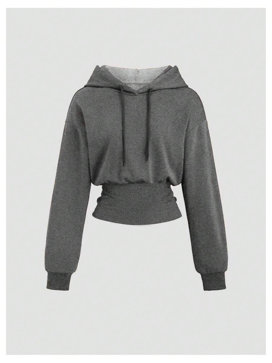 Sweetra Áo nỉ dài tay có mũ trùm đầu màu nâu, eo bó sát dành cho nữ, mùa thu/đông - Màu xám đen - Xem 1