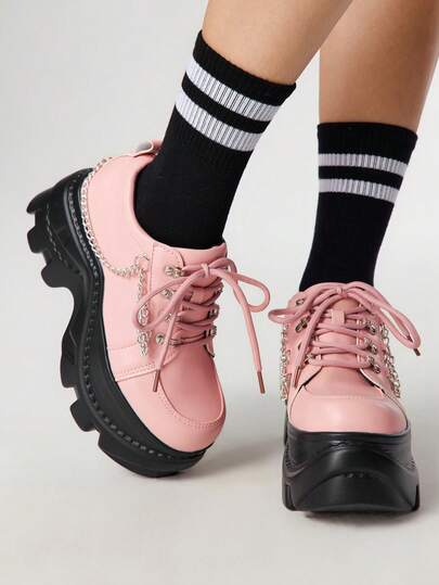 Grunge Punk Women's Y2K Punk Rock Lace-Up Chain Gothic Shoes, Black Loafers, Lace-Up Mary Jane Flats, Formal Work Shoes, Platform & Wedge Heels