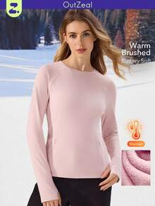 OutZeal 女士冬季保暖户外T恤 粉色长袖 日常休闲保暖内衬 柔软舒适 圆领 带拇指孔