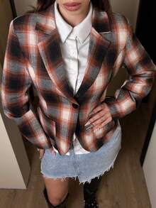Flirla Women's Casual/Office Commute Collegiate Plaid Print Lapel Collar Patchwork Pocket Blazer Jacket - Multicolor - View 3
