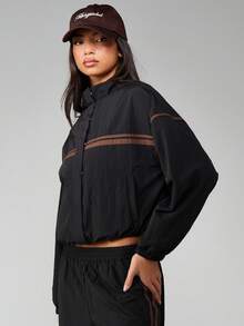 MISSGUIDED Chaqueta cortavientos de nailon con detalles de rayas marrones en contraste, puños acanalados, cierre de cremallera completa, ropa de exterior casual para otoño e invierno - Multicolor - Ver 3